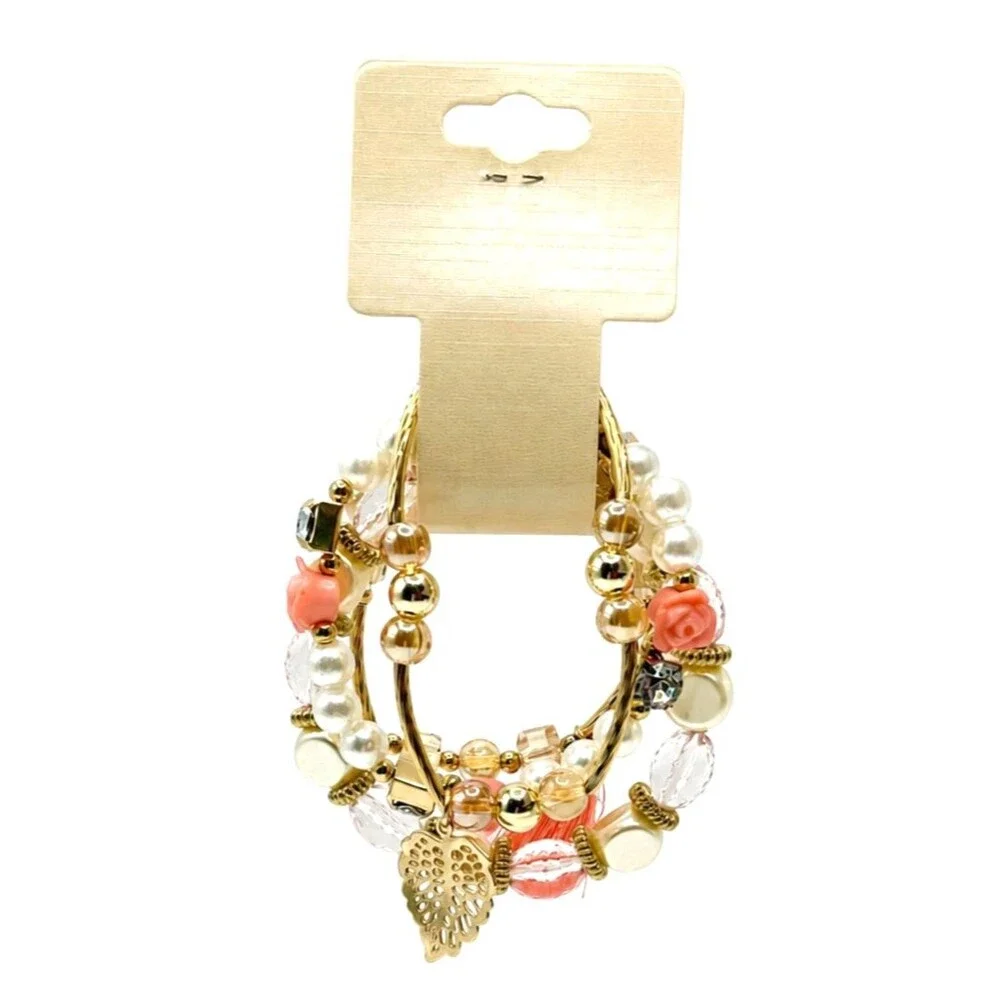 Pink Gold Boho Layered Bracelet Set Faux Pearl Floral Crystal Tassel NEW